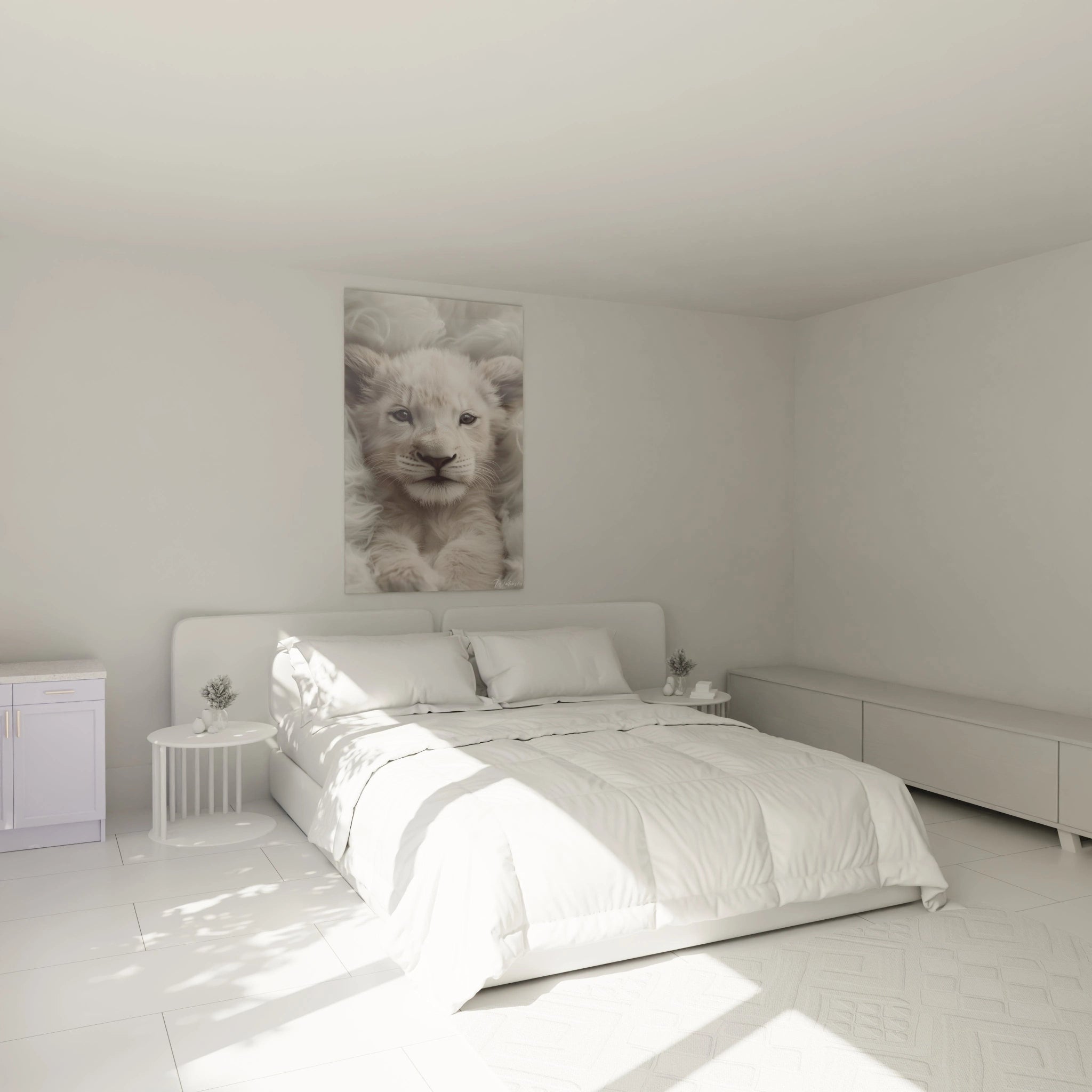 Un tableau lionceau blanc sur fond neutre, montrant un jeune félin au pelage immaculé. Le portrait capture la douceur du duvet blanc et les détails fins des vibrisses, avec des nuances subtiles de gris et de blanc.
