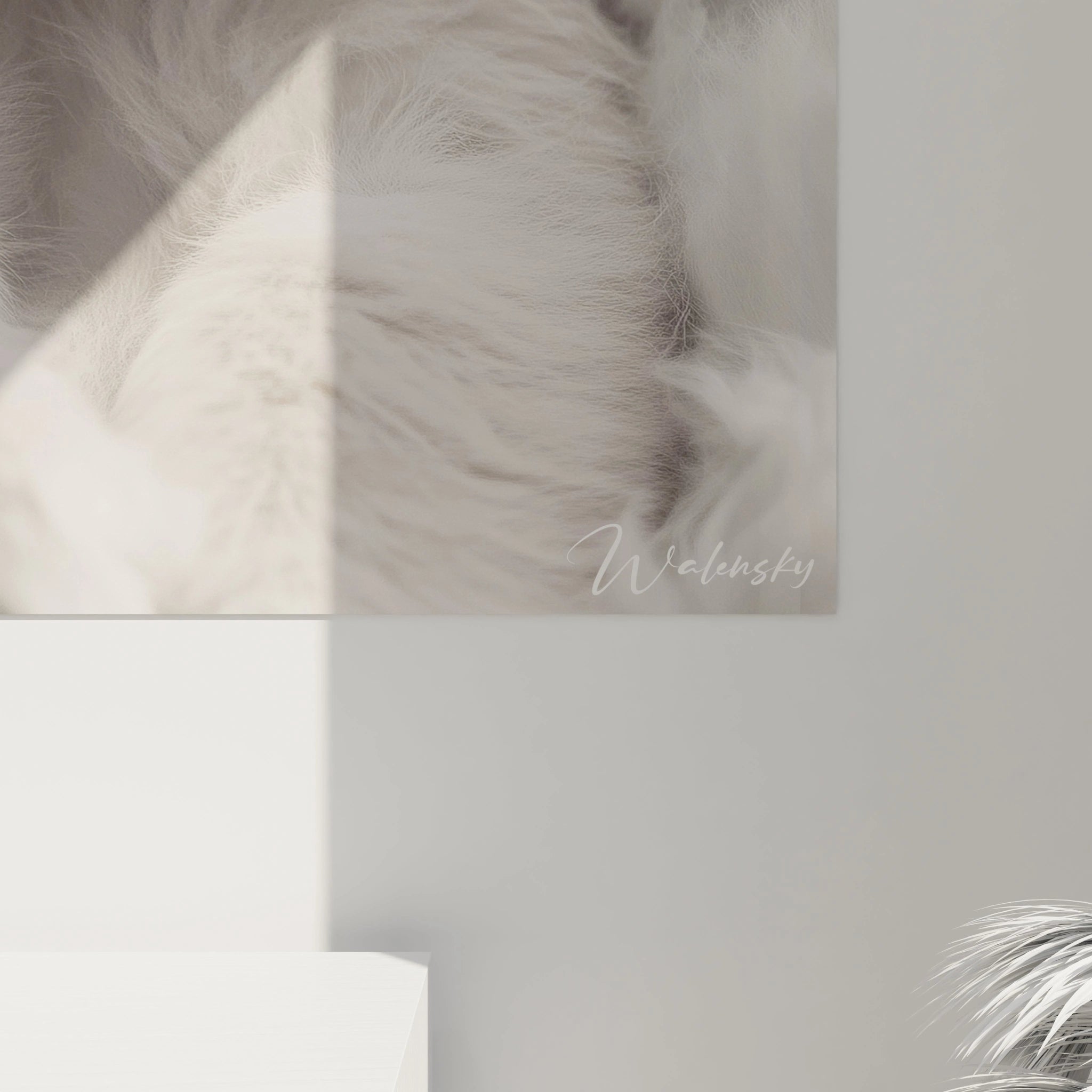 Un tableau lionceau blanc au regard direct, représentant un jeune félin avec une précision hyperréaliste. Les textures variées du pelage blanc et les contrastes subtils entre les zones de lumière et d'ombre mettent en valeur la structure faciale du jeune prédateur.

