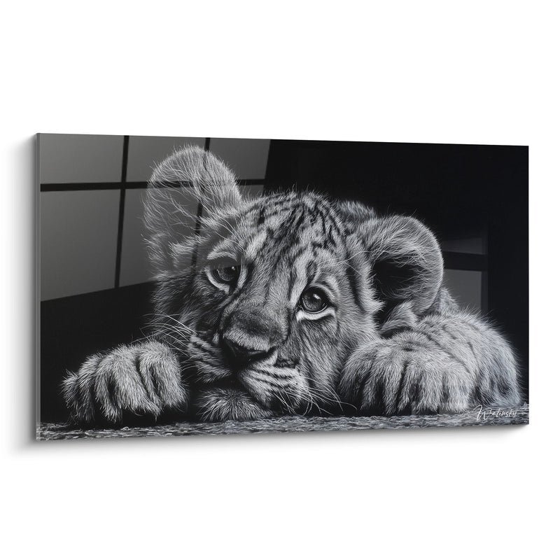 Gemälde Junger Löwe in Schwarz-Weiß mit durchdringenden Augen - Wilde Zärtlichkeit - Lion Edition