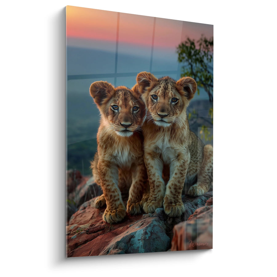 Tableau Deux Lionceaux Dorés sur Rochers au Coucher du Soleil - Tendresse Sauvage - Edition Lion