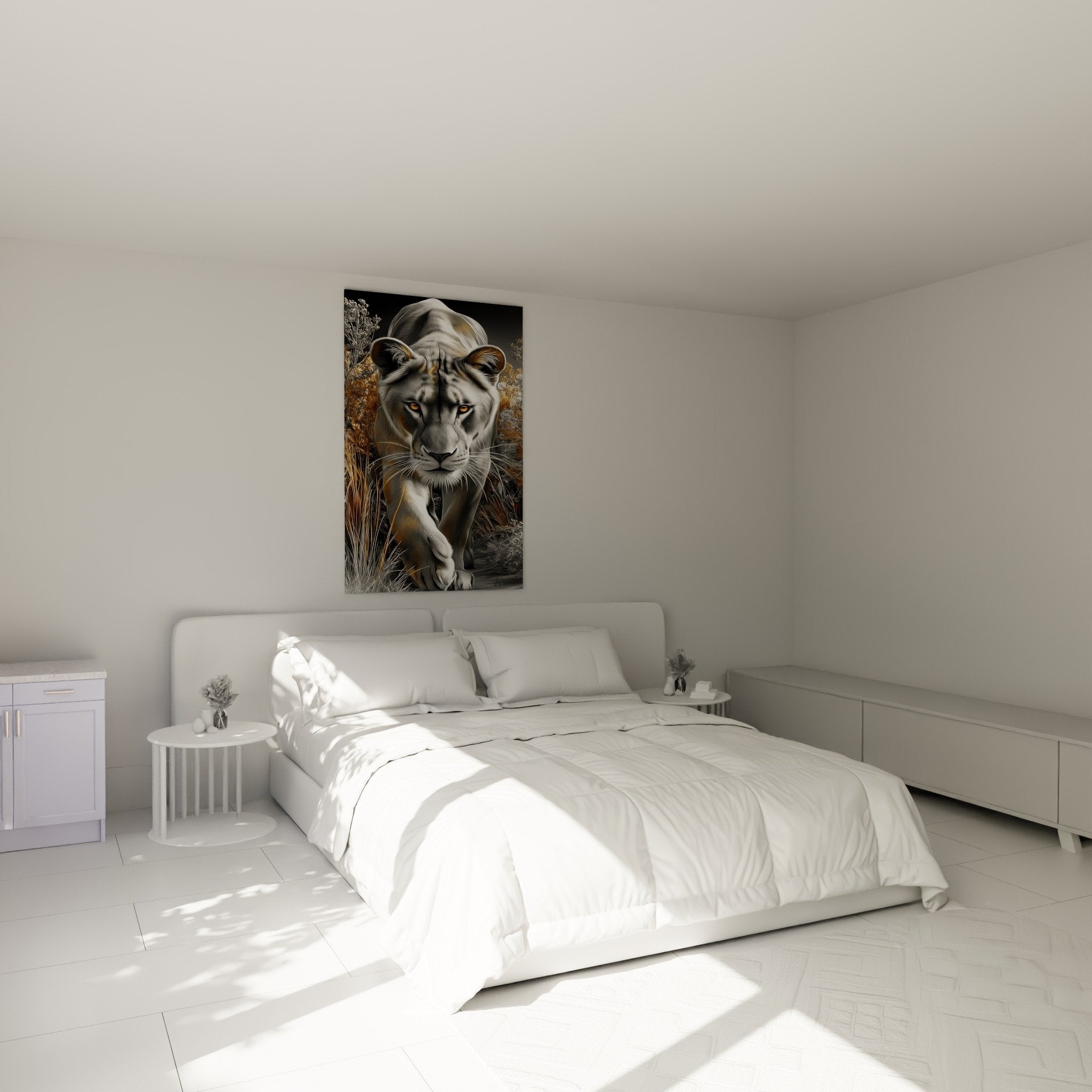 Leonessa argentata quadro decorativo in camera moderna, atmosfera safari chic elegante