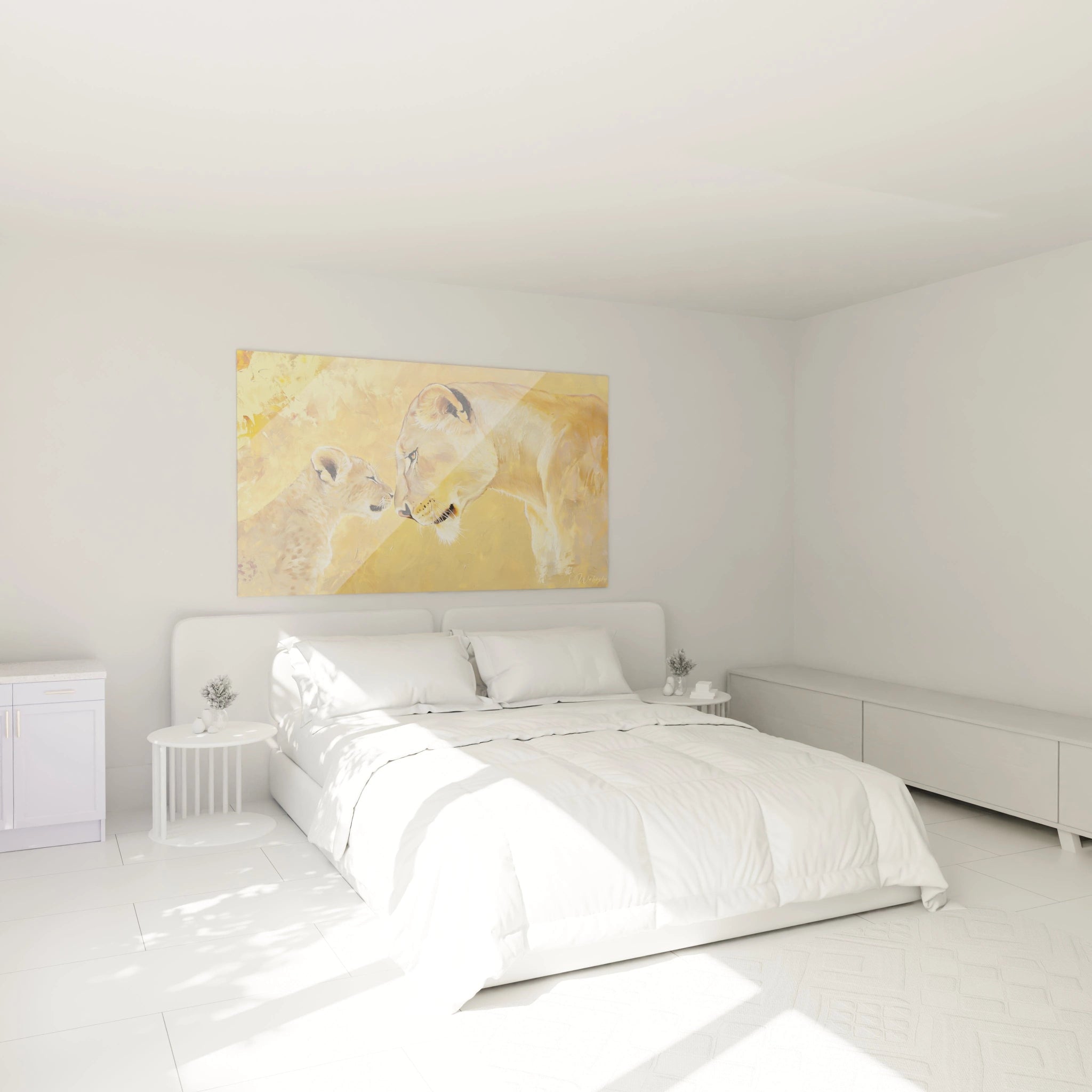 Tableau lionne Walensky avec image douce de lionne et son lionceau dans chambre blanche moderne