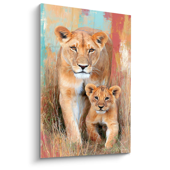 Tableau lionne et lionceau sur fond abstrait turquoise corail, art animalier moderne, Edition Lion