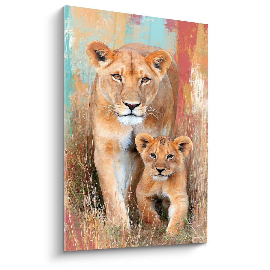 Tableau Lionne et Lionceau Fond Abstrait Coloré - Tendresse Sauvage - Edition Lion