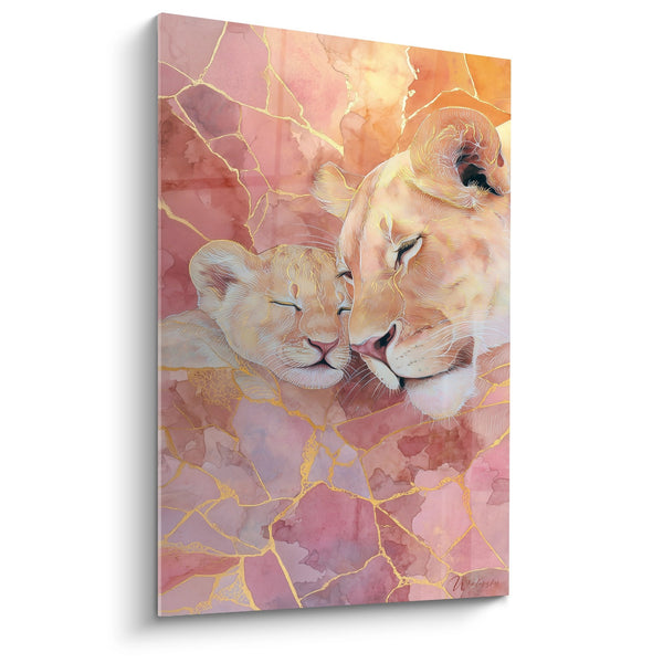 Gemälde Löwin und Löwenjunge Gold auf rosa Marmor - Königliche Zärtlichkeit - Edition Lion