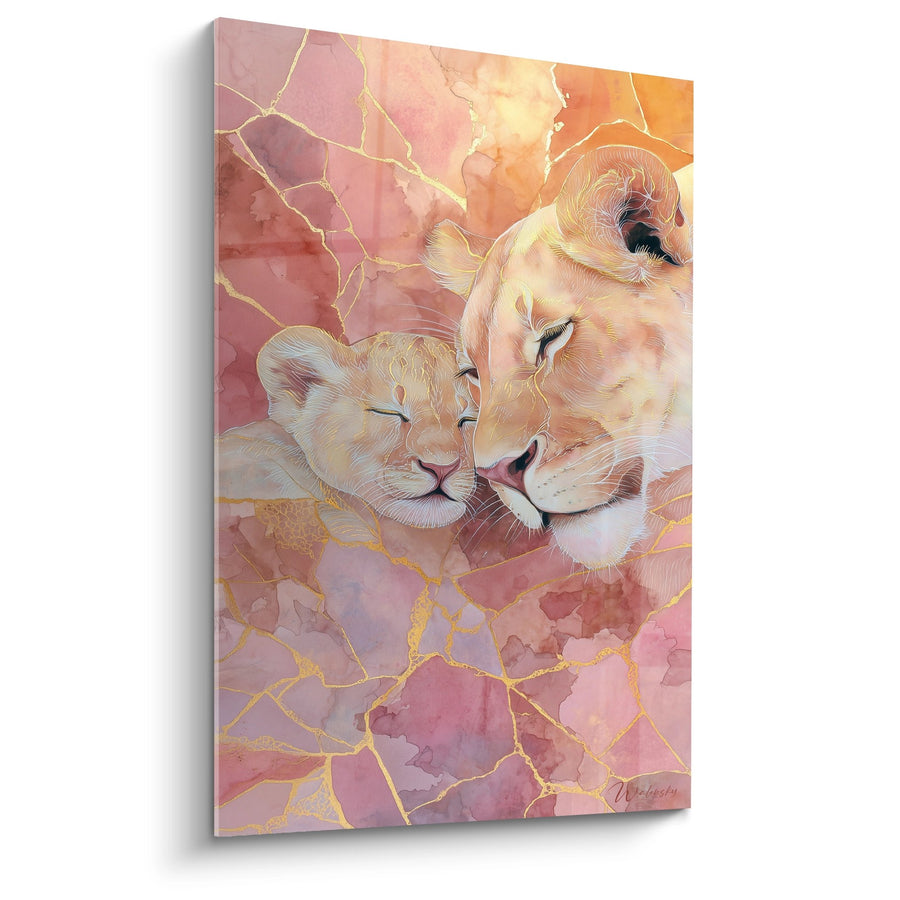 Tableau Lionne et Lionceaux Dorés sur Marbre Rose - Tendresse Royale - Edition Lion