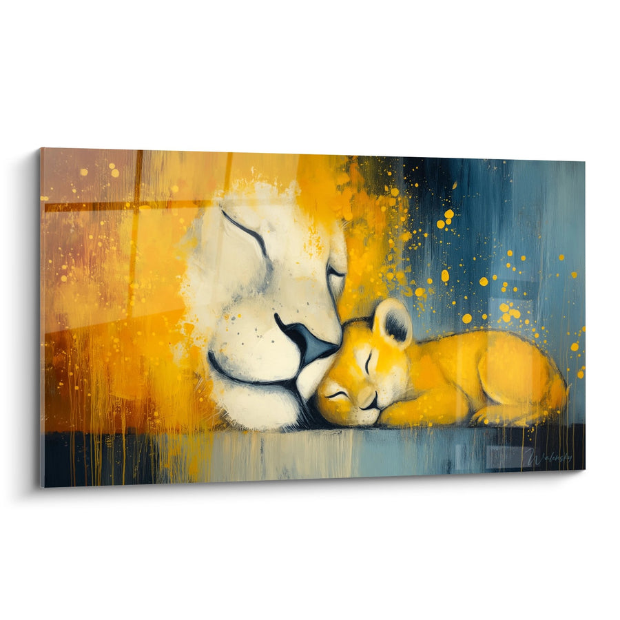 Tableau lionne et lionceau tendresse dorée et bleue - Douceur familiale - Edition Lion