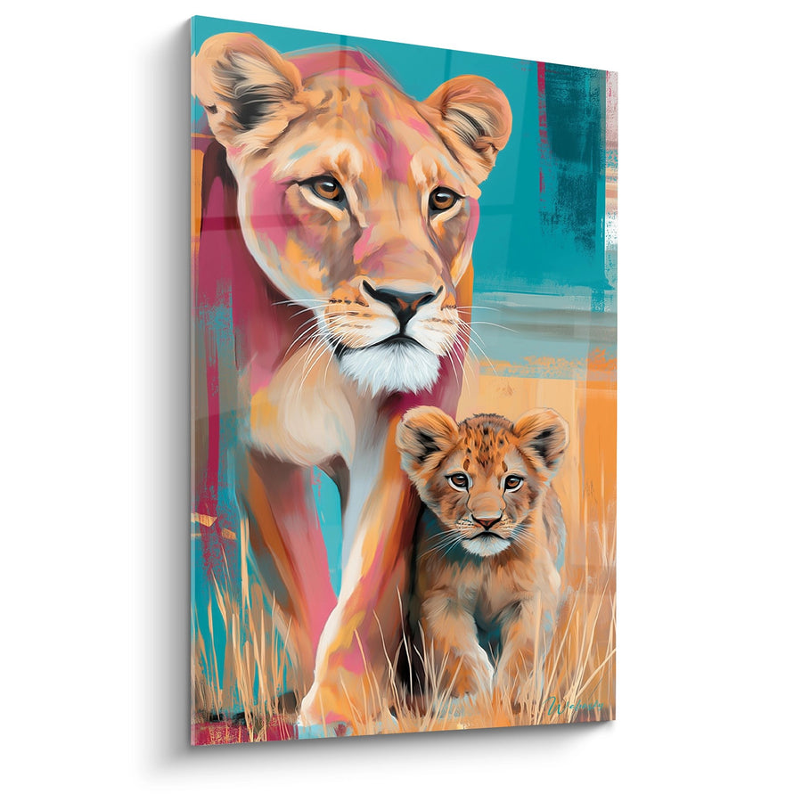 Tableau Lionne et Lionceaux aux Couleurs Vibrantes Turquoise et Orange - Tendresse Sauvage - Edition Lion
