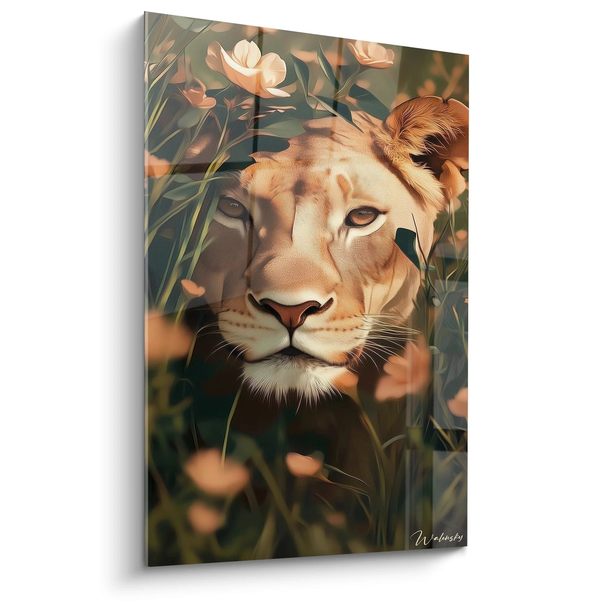 Un tableau lionne représentant un gros plan facial du félin aux yeux ambrés, entouré de végétation verte et de fleurs pêche. Textures détaillées du pelage beige-orangé et rendu réaliste des vibrisses blanches sur fond naturel.
