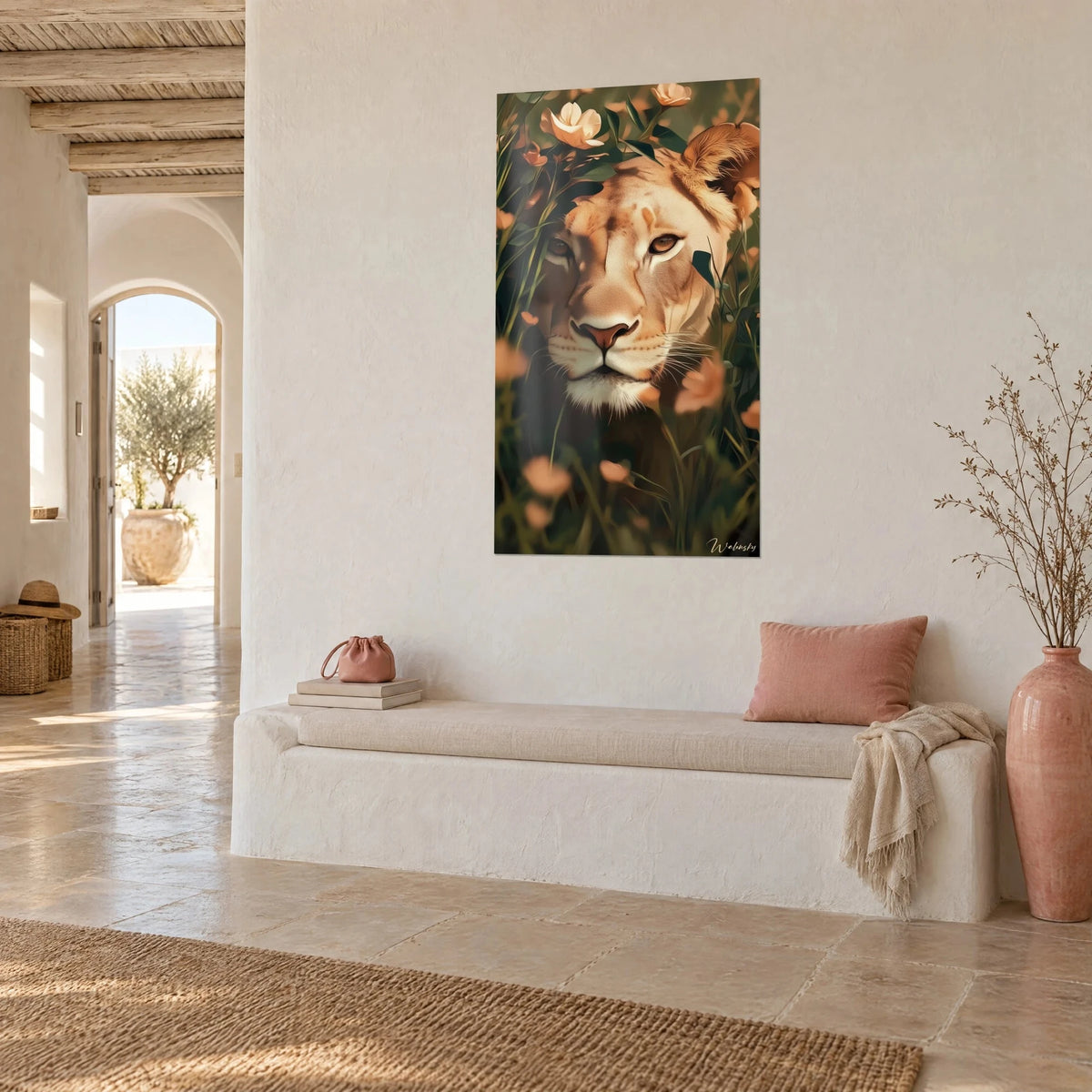 Quadro felino selvatico dagli occhi dorati, muso rosato incorniciato da petali albicocca e fogliame scuro, parete bianca mediterranea