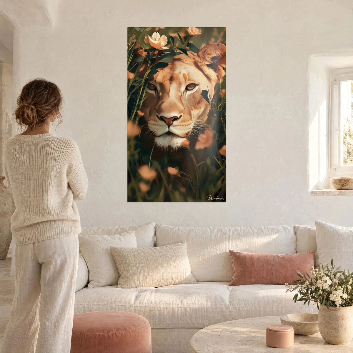 Quadro leonessa dallo sguardo ambrato nascosta tra l'erba, fiori pesca, verdi profondi, sopra un divano in un soggiorno luminoso