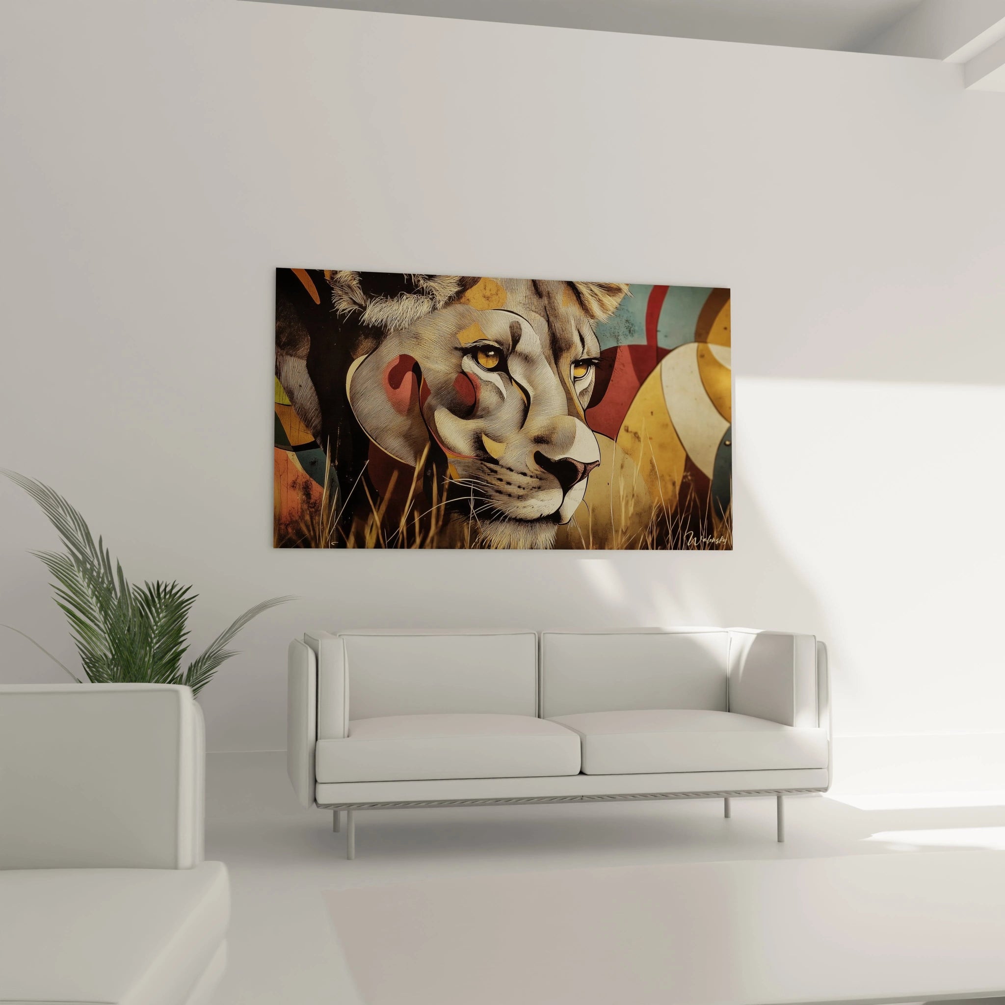 Tableau lionne détaillé présentant une vue rapprochée du museau félin aux yeux d'ambre intenses. Mélange de style réaliste et abstrait avec palette de couleurs chaudes, marron, or et beige sur fond multicolore texturé.
