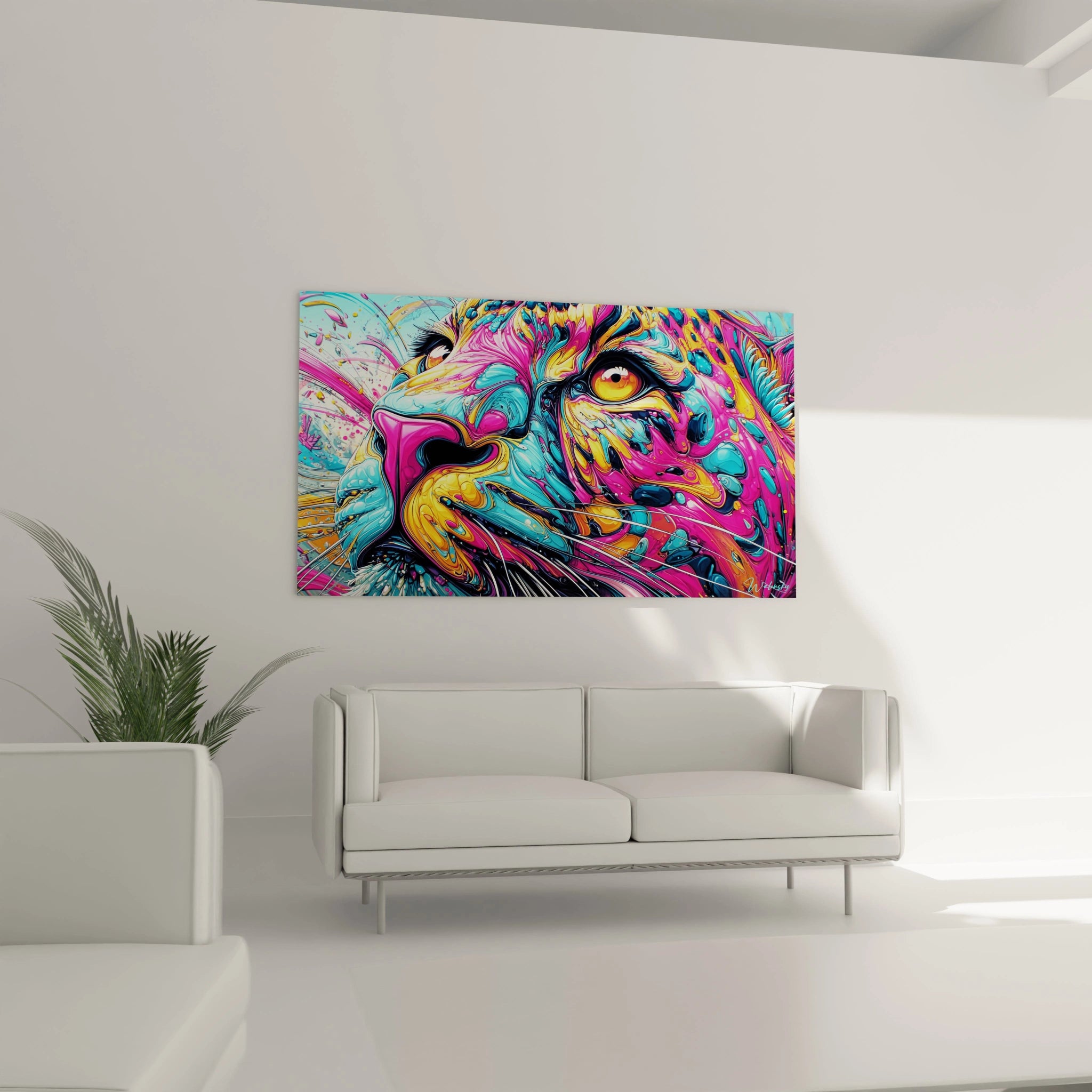 Gros plan détail tableau lion abstrait couleurs éclatantes art numérique haute définition