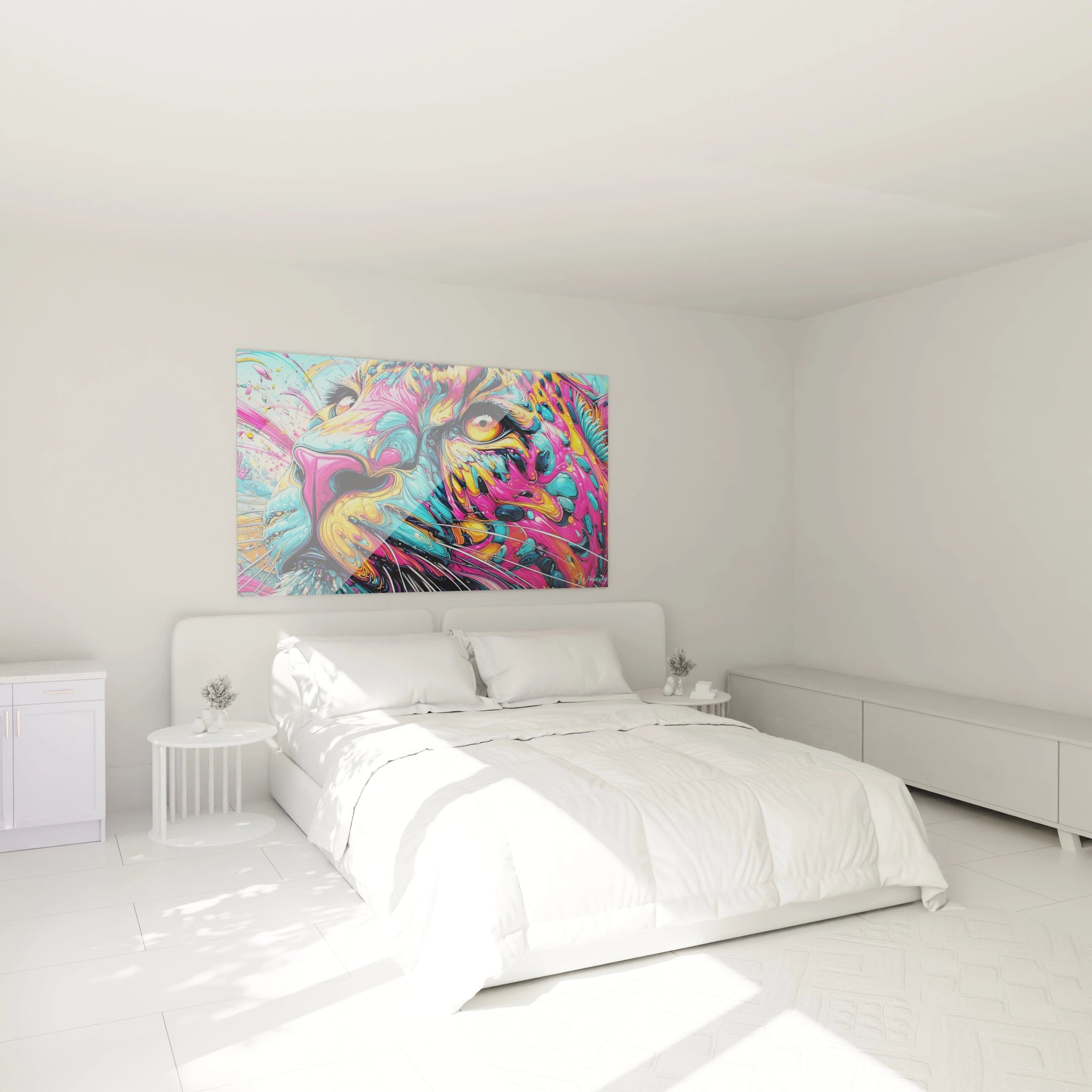 Ambiance chambre avec tableau mural lion coloré psychédélique décoration intérieure moderne