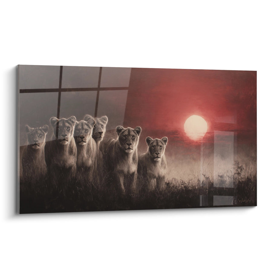 Tableau Groupe de Lionnes au Coucher du Soleil Rouge - Majesté Sauvage - Edition Lion