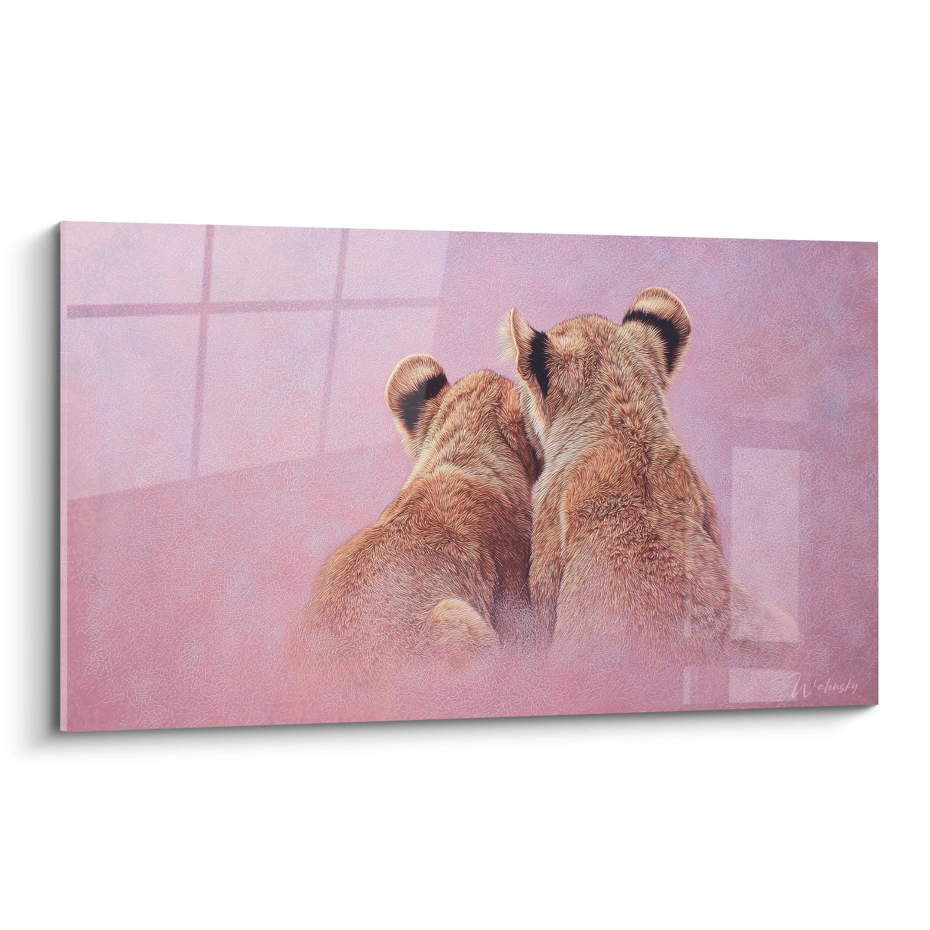 Two sitting lions seen from behind in soft pink pastel ambiance for soothing wall decoration