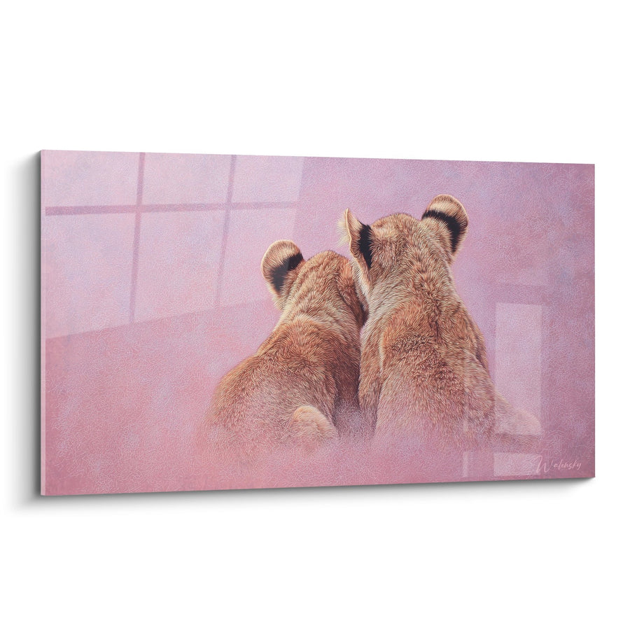 Tableau Duo de Lions Assis Ambiance Rose Pastel - Douceur Féline - Edition Lion