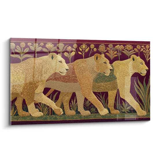 Quadro tre leoni dorati in processione su fondo bordeaux con motivi floreali decorazione murale reale