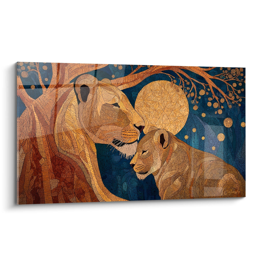 Tableau Lions Dorés sur Fond Bleu Nuit avec Arbre Stylisé - Majesté Nocturne - Edition Lion