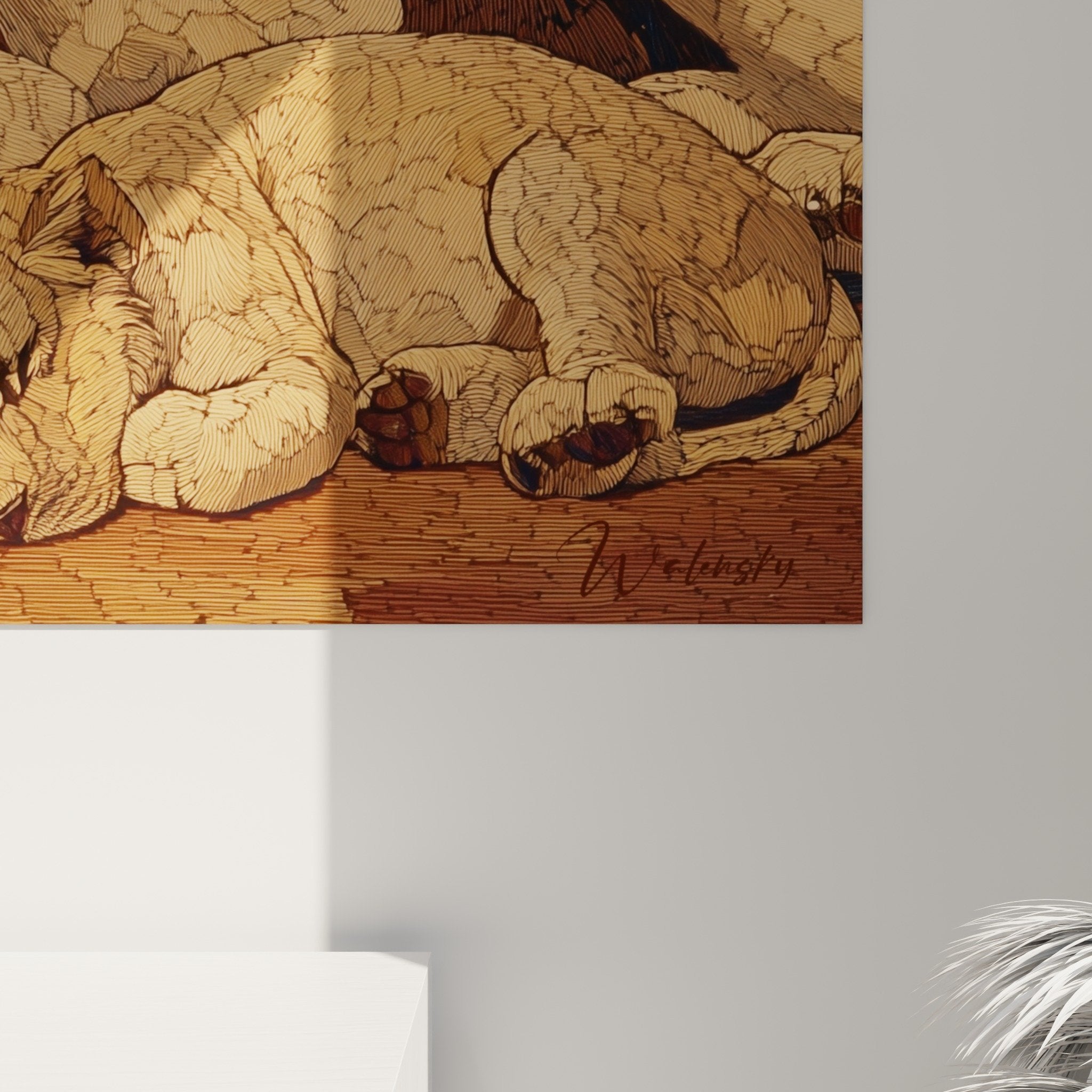 Tableau lions famille salon mur beige décoration intérieure style naturel mobilier bois moderne