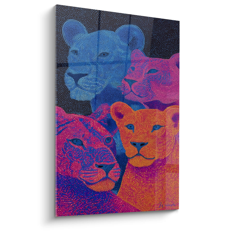 Tableau Lions Multicolores Pointillisme Bleu Rose Orange - Fierté Chromatique - Edition Lion