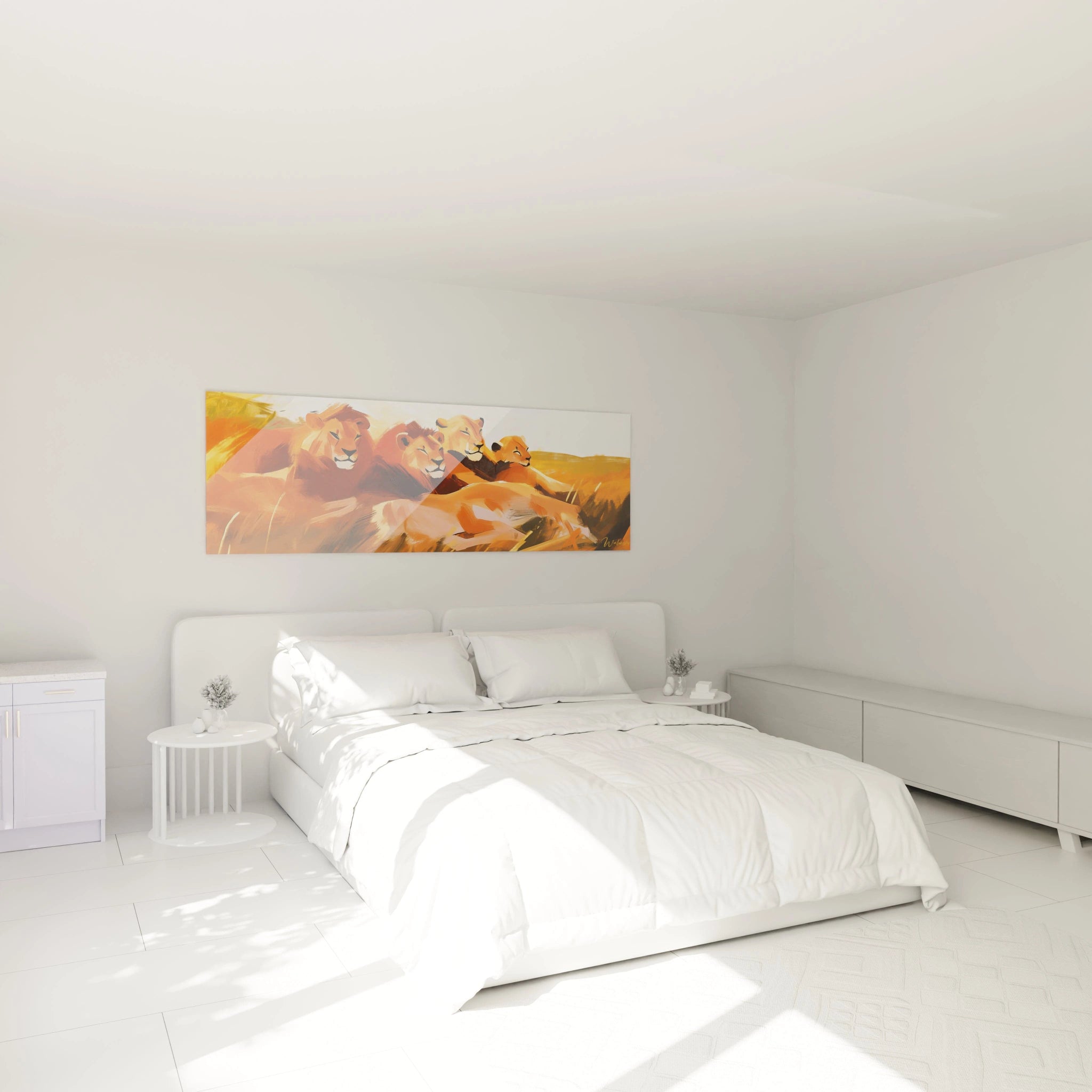 Tableau lion Walensky avec illustration de lionceaux au coucher du soleil décorant une chambre moderne
