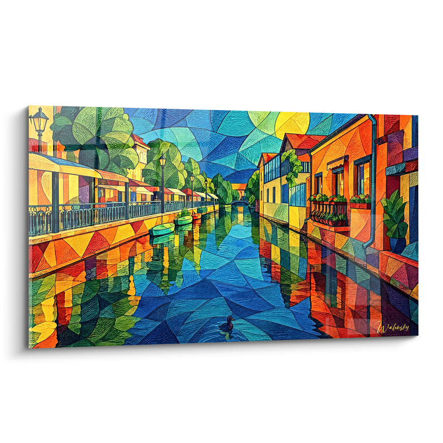Tableau Canal géométrique bleu et orange animé - Flânerie sur l'eau - Edition L'Isle-sur-la-Sorgue Provence-Alpes-Côte d'Azur France