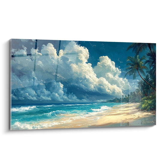 Tableau plage tropicale présentant un littoral avec palmiers inclinés sur la droite, vagues turquoise déferlant sur sable doré, et ciel bleu dramatique rempli de nuages blancs volumineux.
