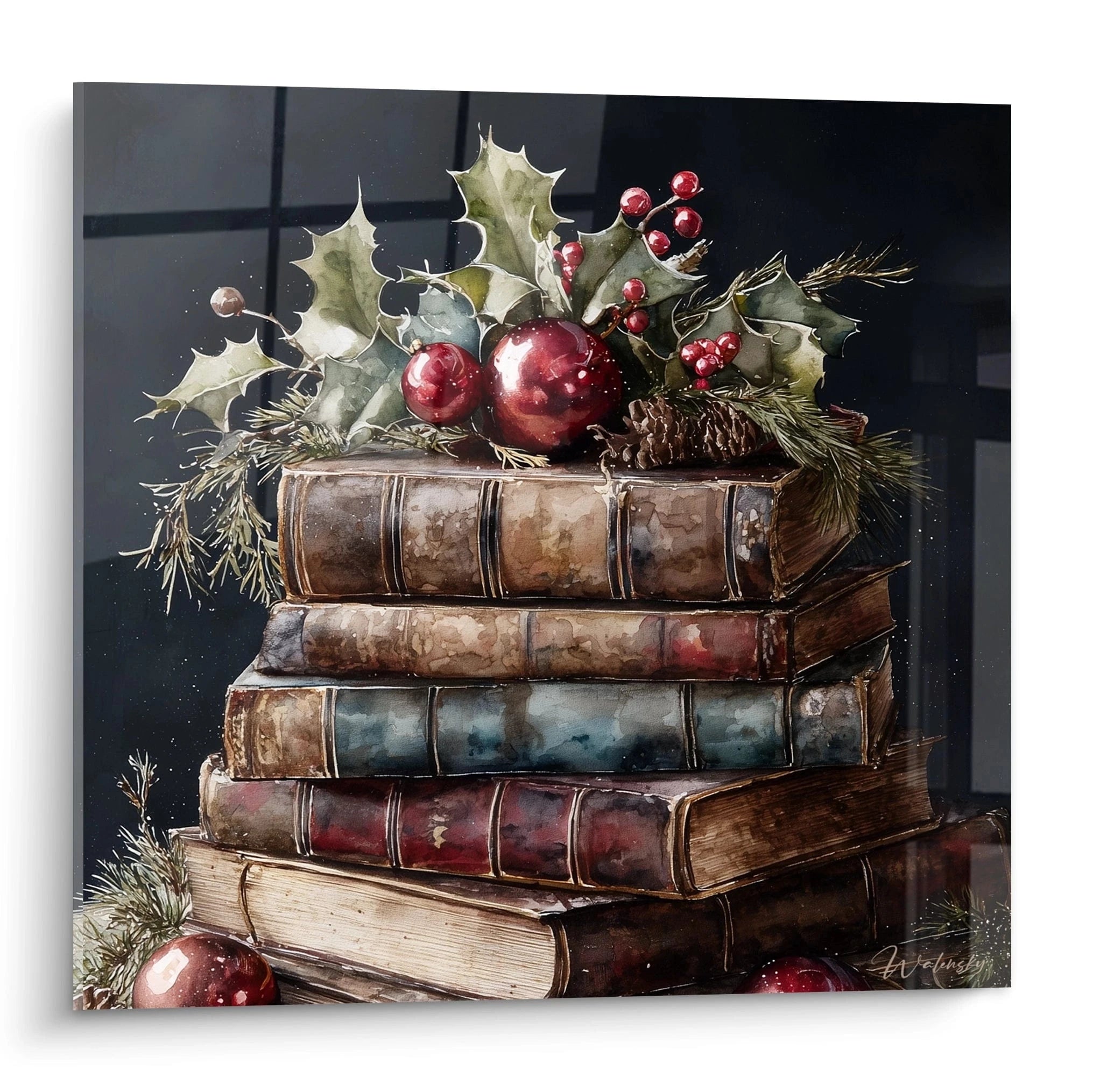 Tableau mural Noël livres contes avec des livres décorés de houx et de boules de Noël