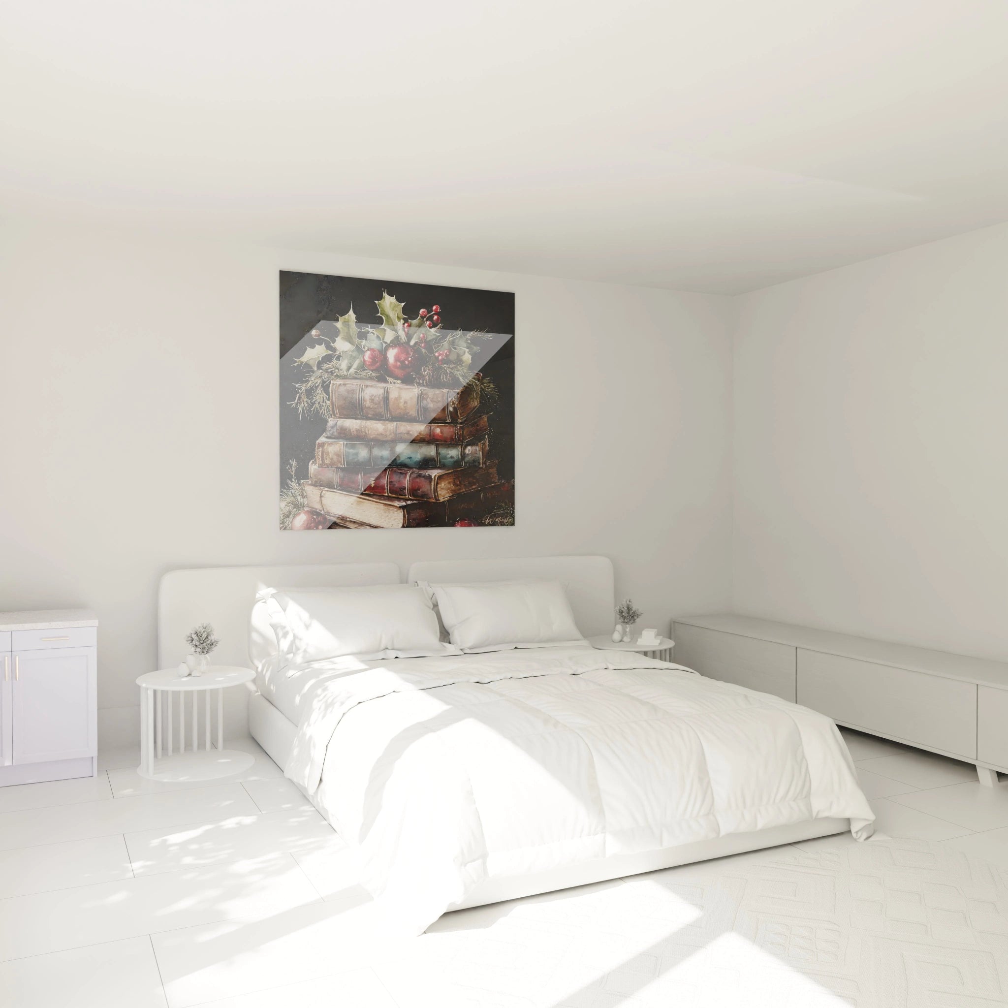 Tableau mural Noël livres contes avec une illustration de livres décoratifs sur un mur d'une chambre moderne