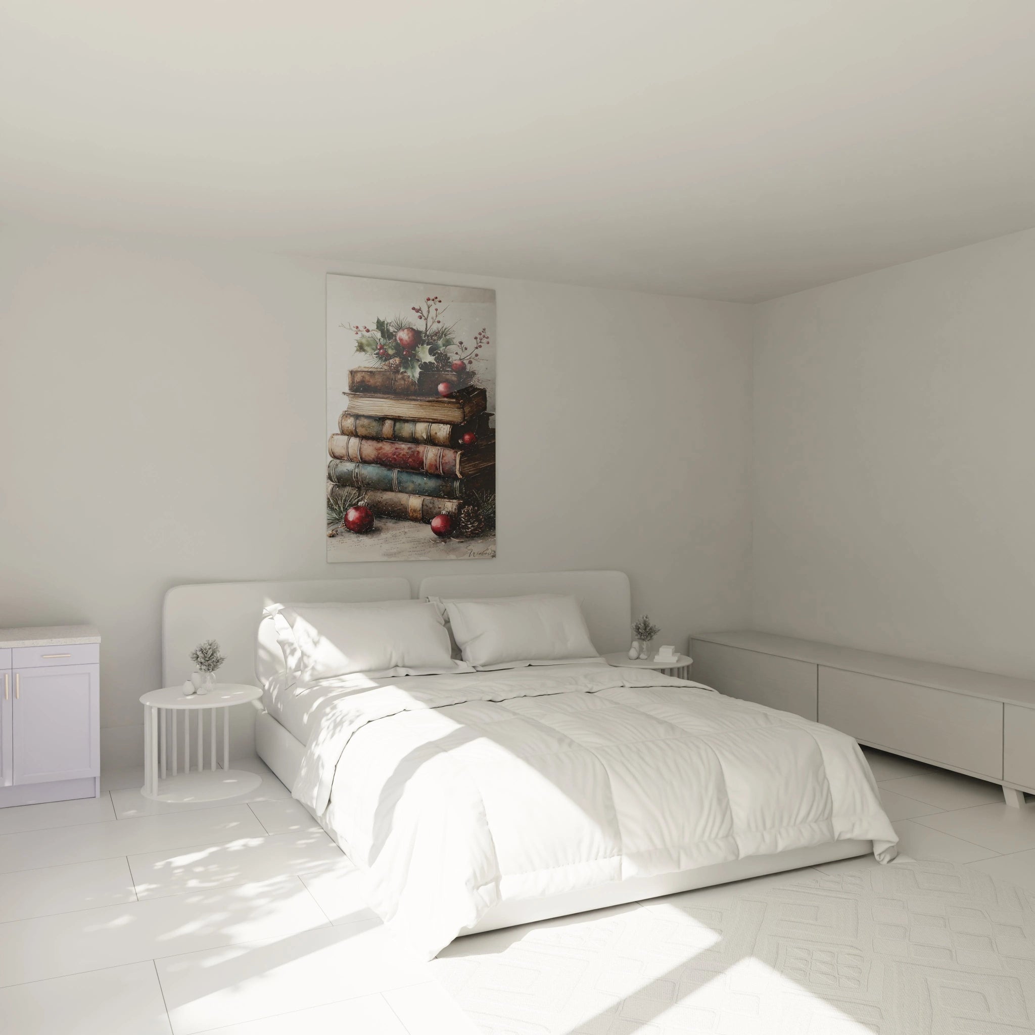Tableau mural Noël livres décoratif avec des livres empilés et des éléments festifs dans une chambre moderne