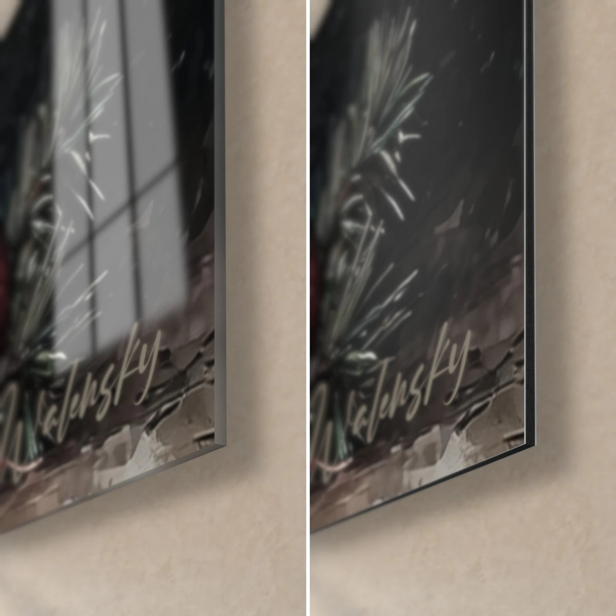 Gemälde alte Bücher und Stechpalme, unten rechts: glänzendes Acrylglas mit Spiegelung des Fensters, mattgraues Dibond-Aluminium, 3 mm Stärke