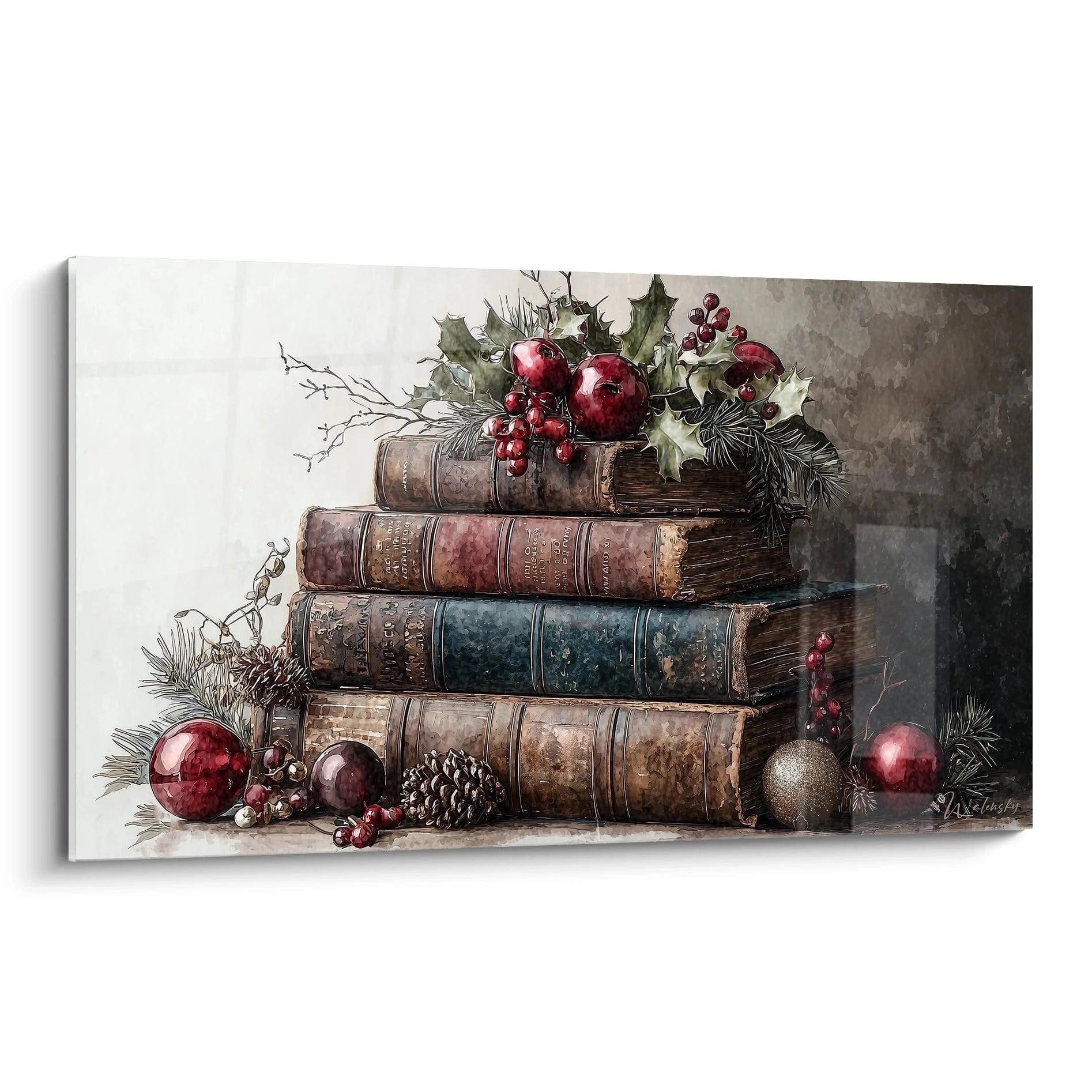 Tableau mural livres Noël avec des livres anciens décorés de baies et boules de Noël