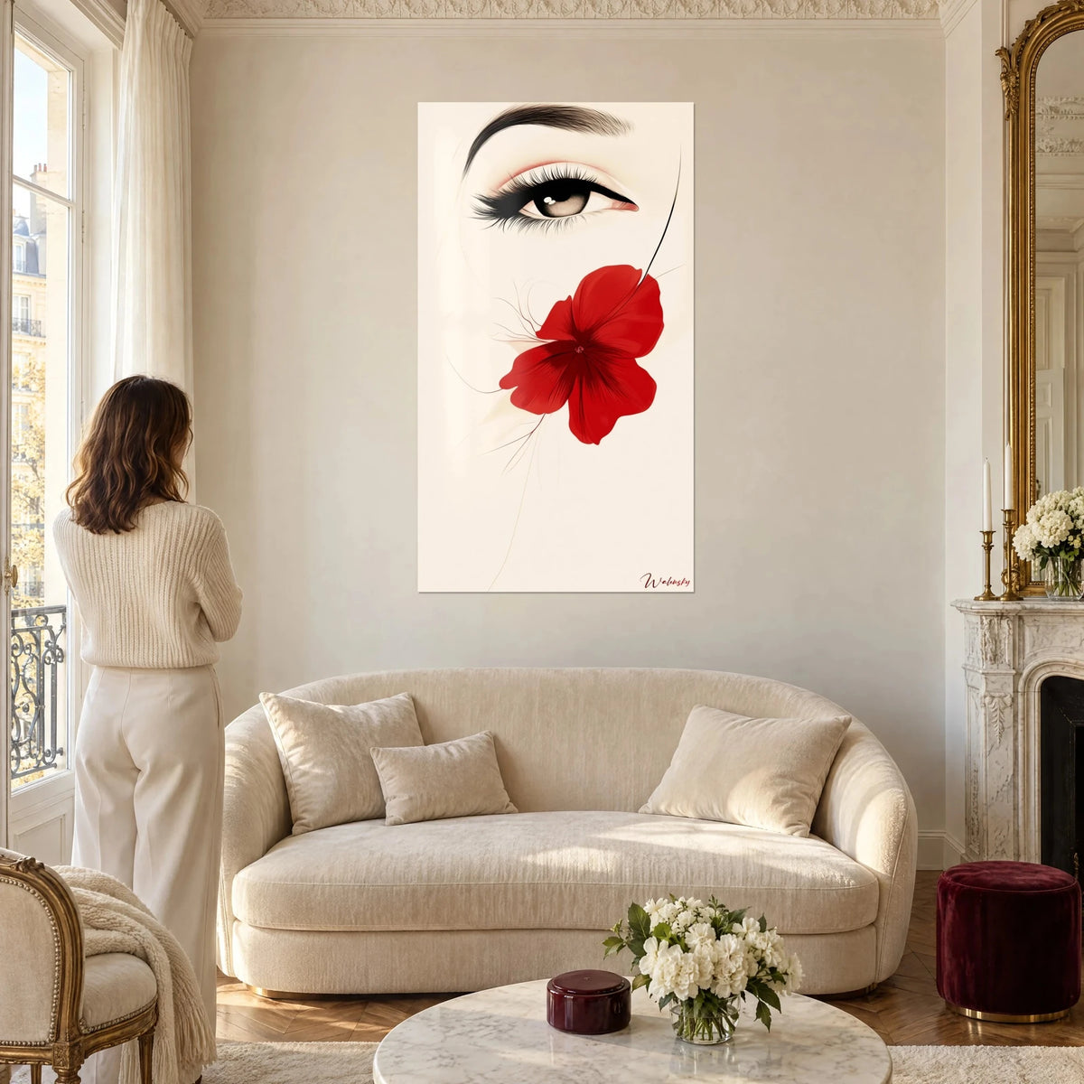 Cuadro ojo maquillado y flor roja sobre fondo crema, mujer de espaldas, encima de un sofá en un salón luminoso