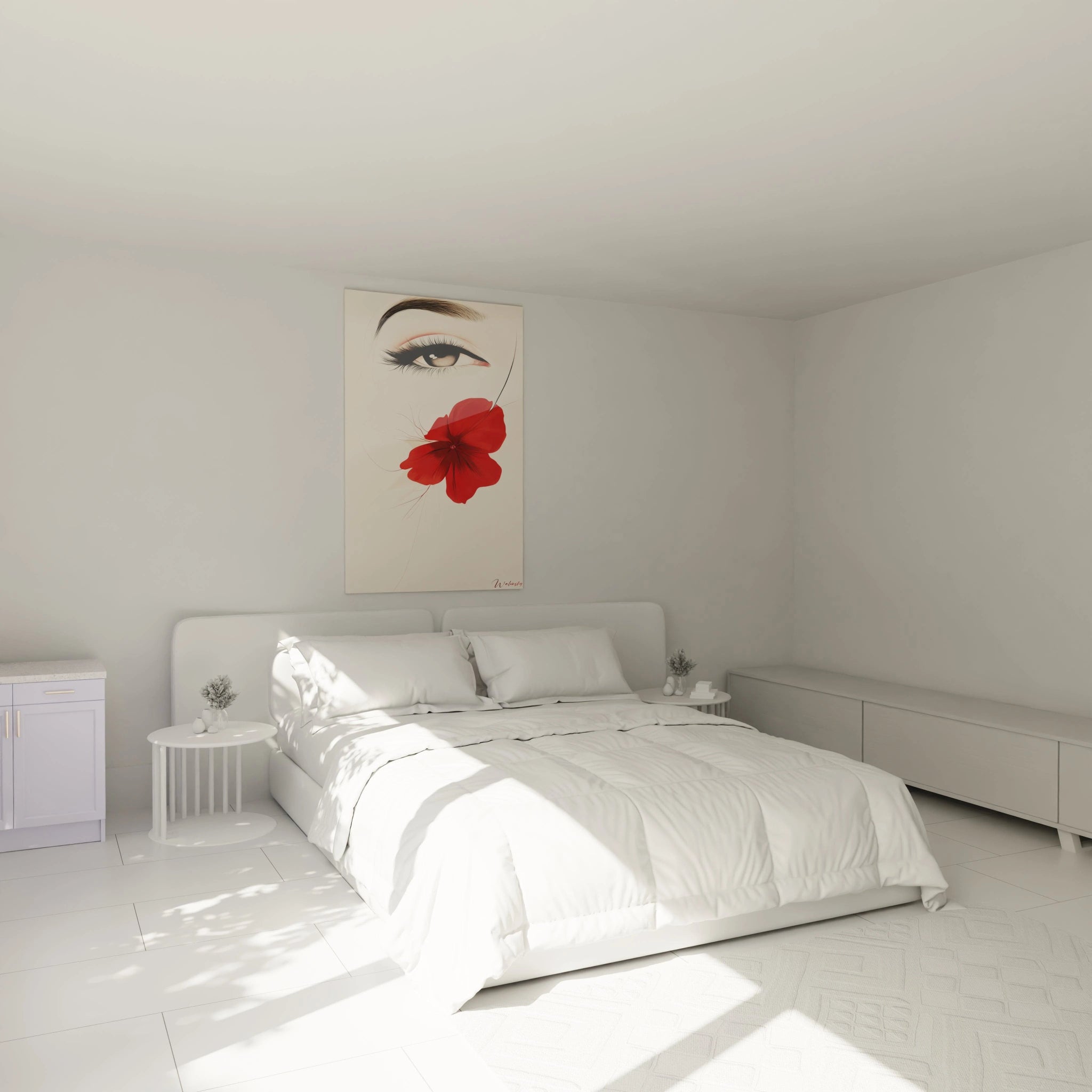 Un tableau visage féminin minimaliste représentant un œil gris aux cils délicatement dessinés et une fleur rouge éclatante positionnée sur la joue, combinant réalisme anatomique et symbolisme floral sur un fond beige chaleureux.
