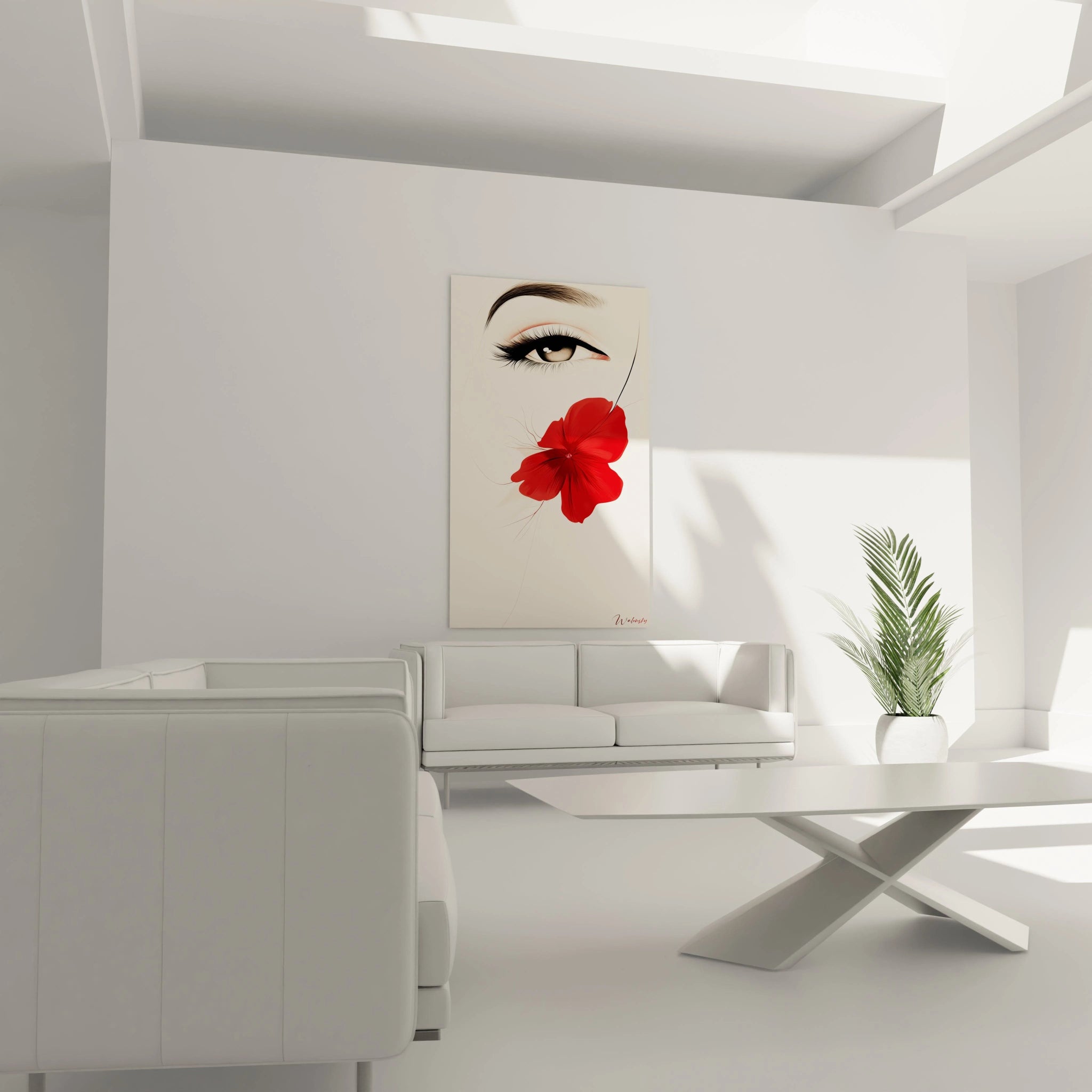 Un tableau visage abstrait juxtaposant un œil humain finement détaillé avec sourcil arqué et une large fleur rouge aux pétales texturés, offrant une composition épurée et symbolique sur fond neutre beige avec des traits noirs précis.
