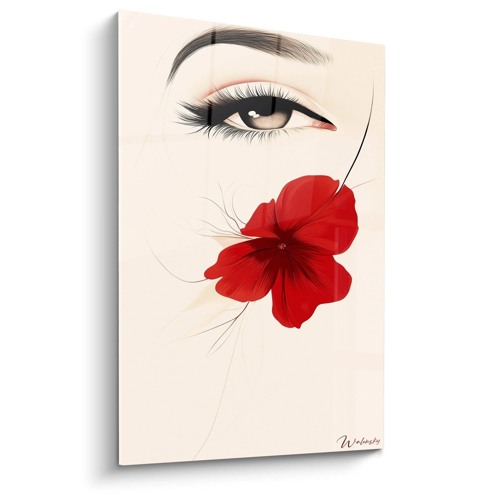 Un tableau visage floral présentant un œil expressif détaillé avec sourcil et cils noirs, accompagné d'une fleur rouge vif remplaçant la joue, sur fond beige doux, créant un contraste saisissant entre anatomie humaine et élément botanique.
