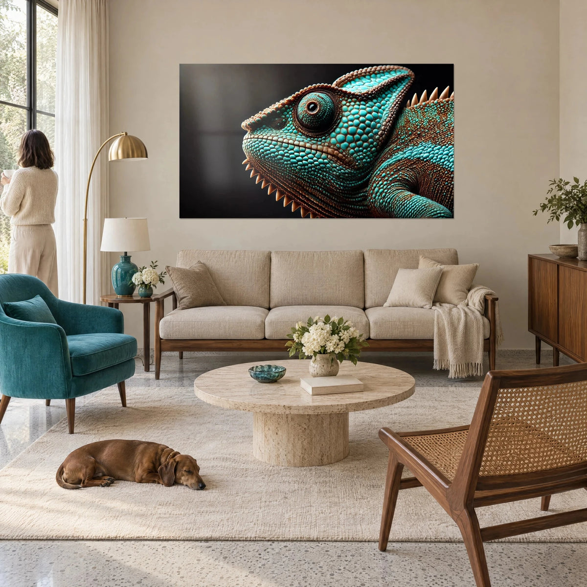 Tableau caméléon vert d'eau aux écailles cuivrées, œil rond saillant sur fond noir, au-dessus d'un canapé dans un salon lumineux