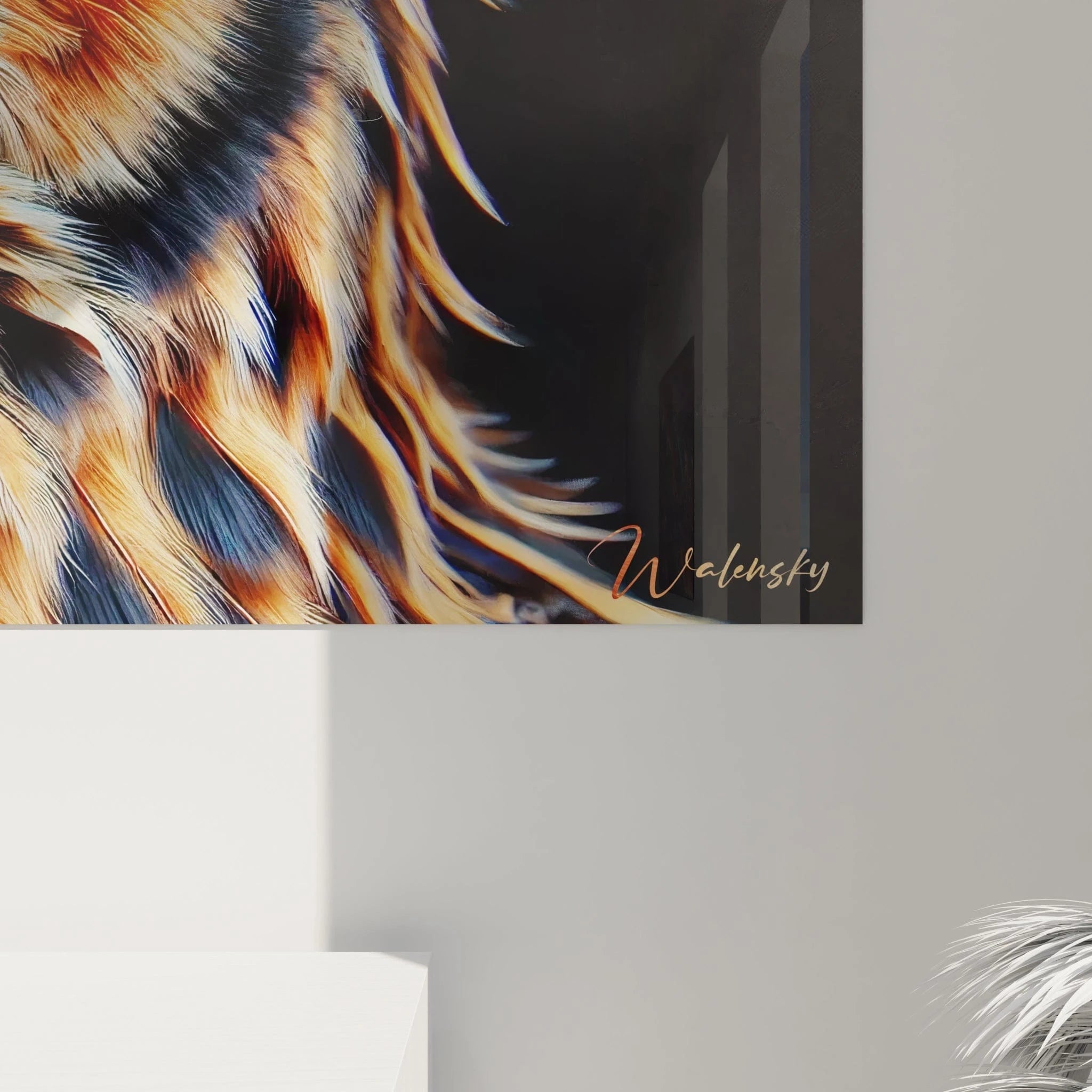 vue de pres du tableau hibou montrant des details hyperrealistes des plumes nuances orange bronze et noir le regard hypnotique du hibou inspire sagesse serenite et mystere

