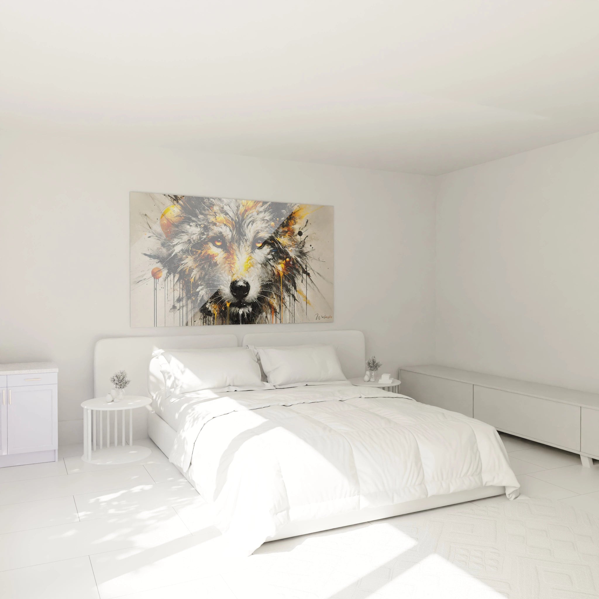 Tableau loup accroché au-dessus du lit, ajoutant une touche audacieuse et énergique à la chambre. Le regard perçant du loup donne une ambiance intense et moderne.
