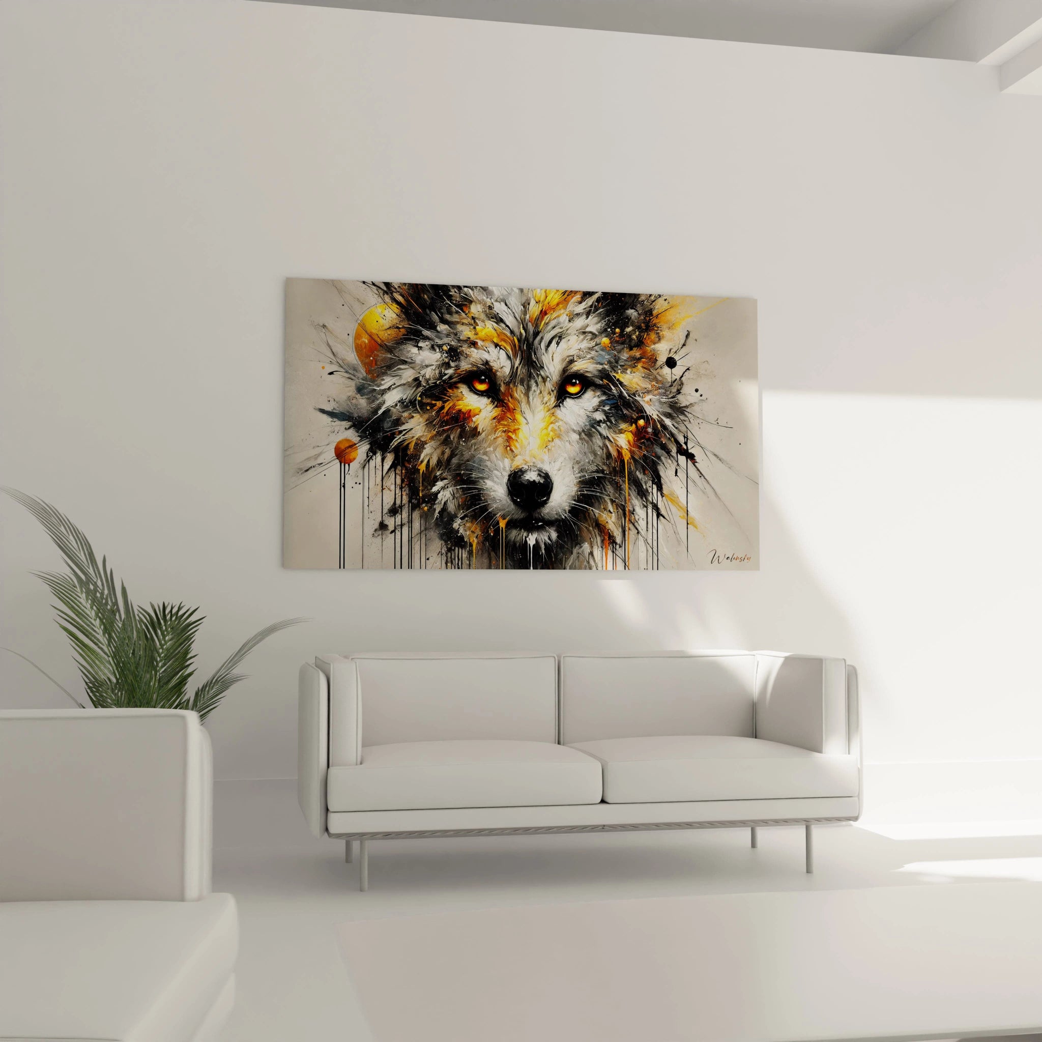 Tableau loup accroché au-dessus du canapé, apportant une énergie vive au salon. Les éclaboussures de peinture et les couleurs vibrantes rehaussent la décoration avec force.
