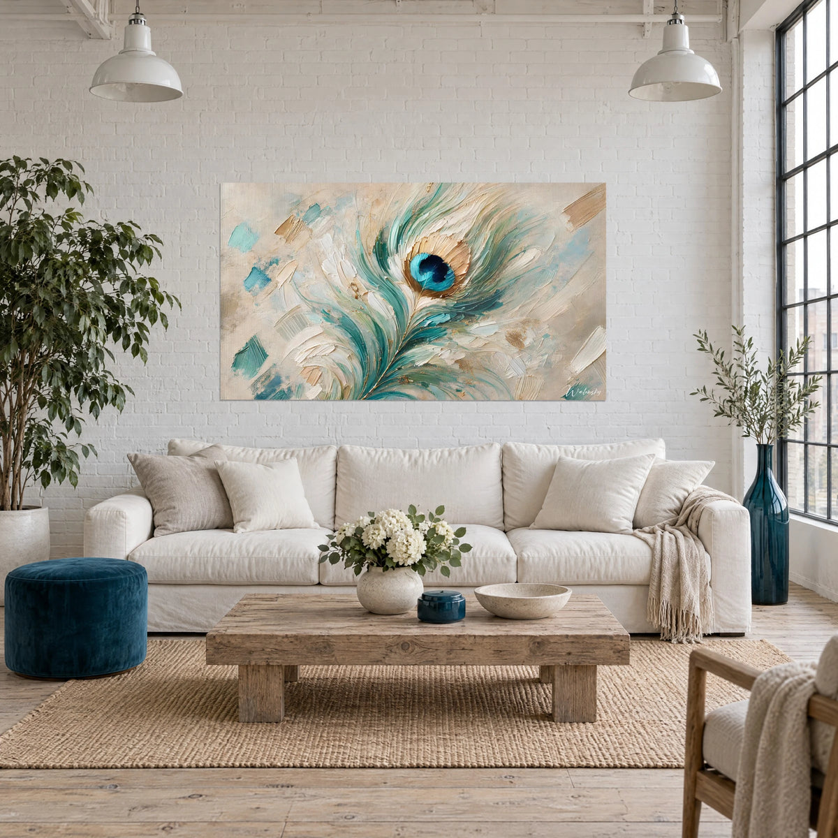 Tableau plume de paon en empâtements turquoise et beige, œil bleu cerclé d'or, au-dessus d'un canapé dans un salon lumineux