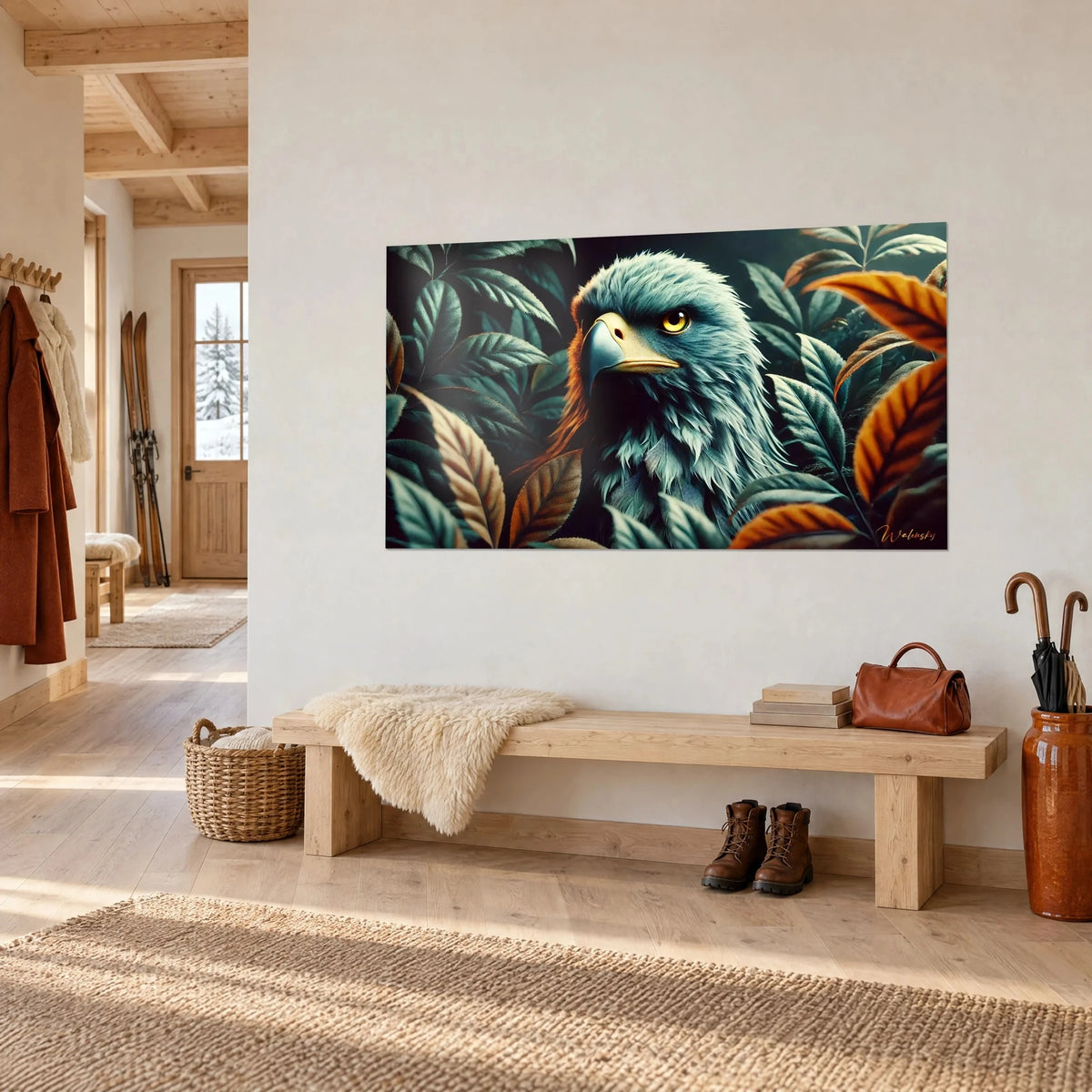 Tableau rapace à la tête penchée, bec bleuté et nuque cuivrée, sur un mur clair de chalet, au-dessus d'un banc en bois