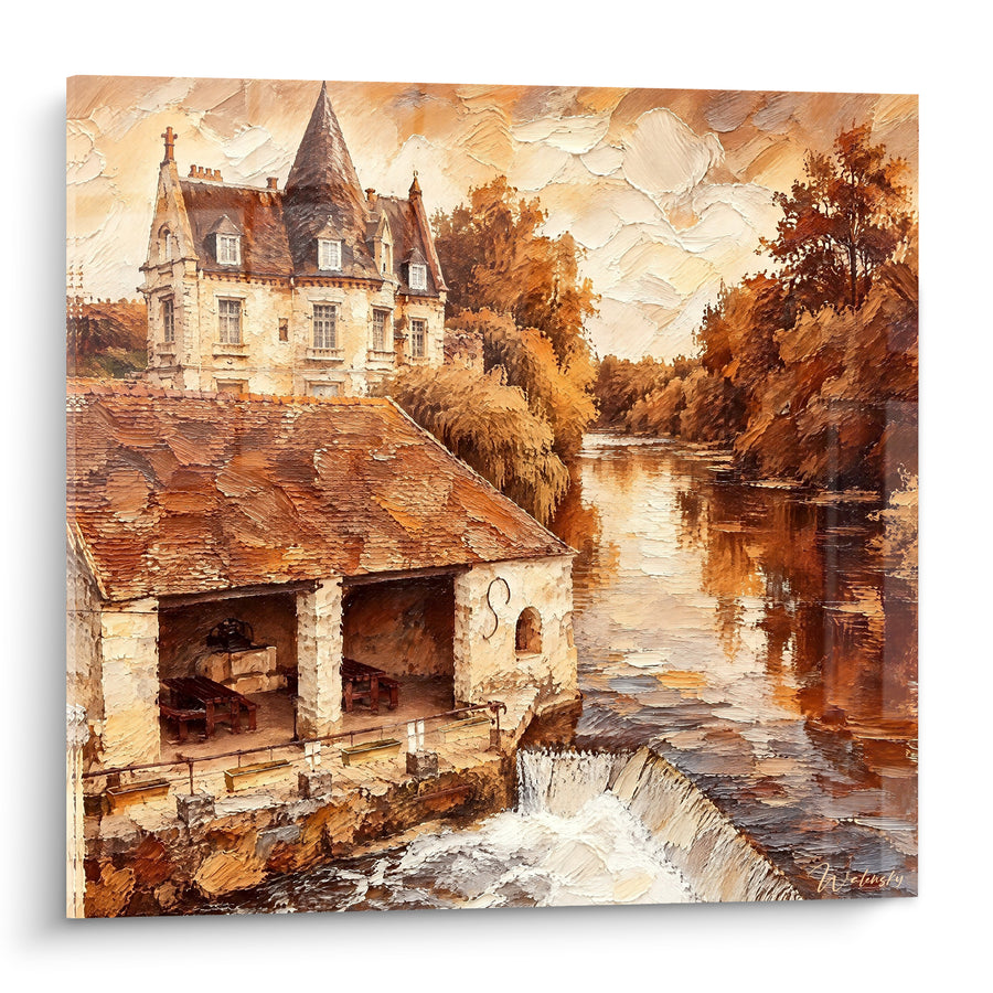 Tableau Château ocre et brun au bord d'une rivière - Quiétude riveraine - Edition Loing Île-de-France