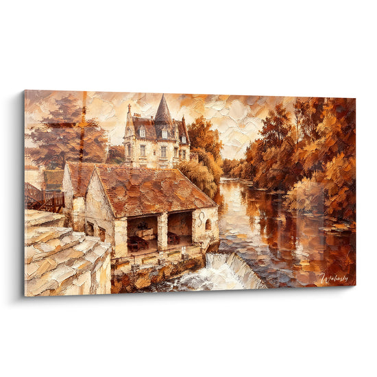 Tableau Château ocre et brun au fil de l'eau - Quiétude d'automne - Edition Loing Île-de-France