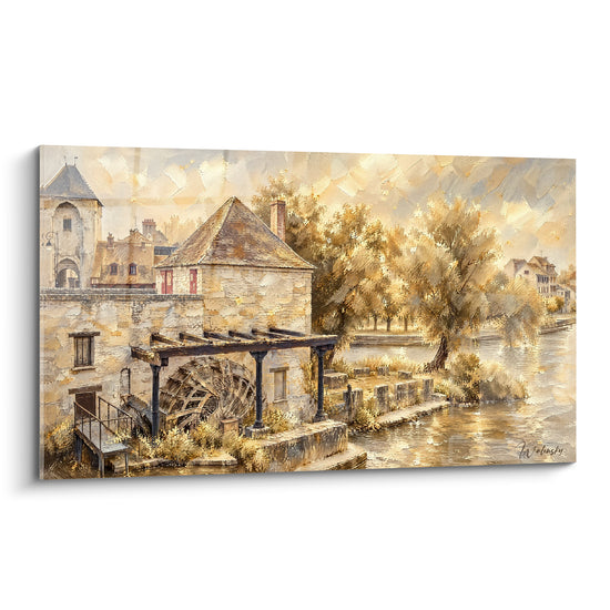 Tableau Moulin à roue dorée au bord de l'eau - Rêverie fluviale ancienne - Edition Loing Île-de-France