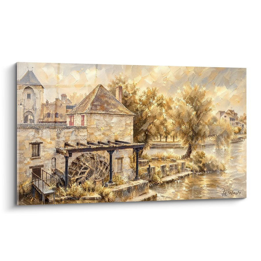 Tableau Moulin à roue dorée au bord de l'eau - Rêverie fluviale ancienne - Edition Loing Île-de-France