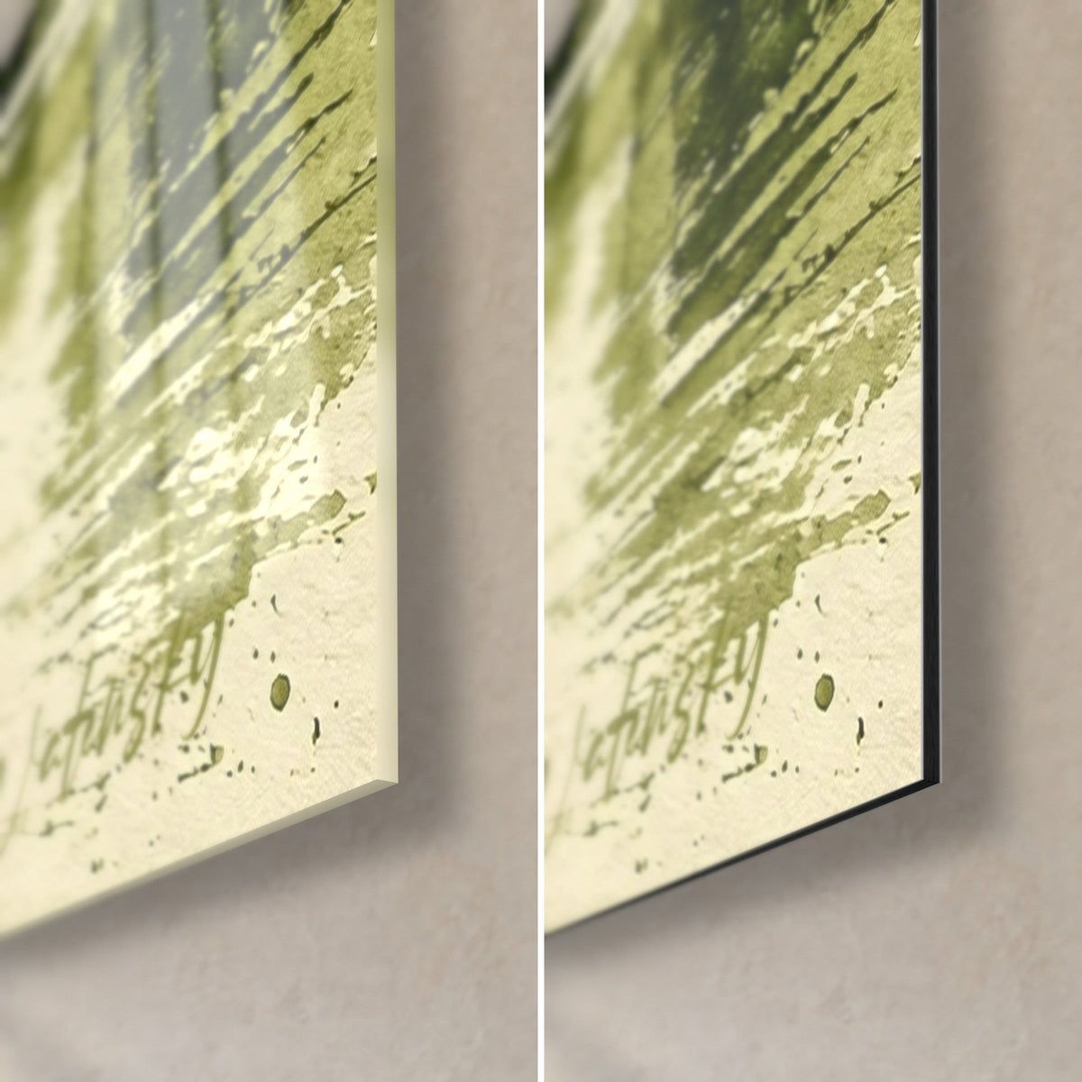 Schilderij dorp met klokkentoren, rechtsonder: olijfgroene spatten op crème, glanzend glas links, mat zwart Dibond rechts