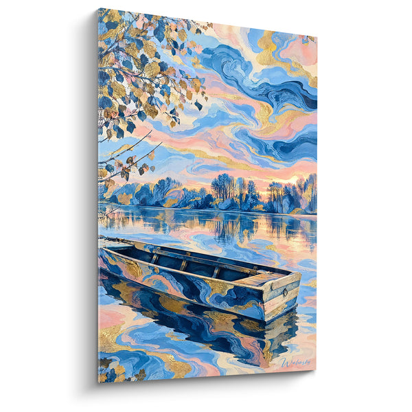 Tableau Barque bleue sur rivière dorée paisible - Soir au fil de l'eau - Edition Loire Centre-Val de Loire France