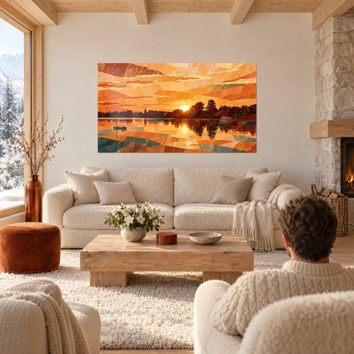 Quadro tramonto sul fiume in strati di carta ritagliata arancione e blu, veliero nero, sopra un divano in un soggiorno luminoso